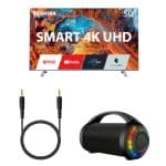 Combo Sound Tela Toshiba 4K 50 Pol Smart Vidaa Caixa de Som Bazooka 70W e Cabo P2 de 1,2mt Preto SP6001K - Multilaser