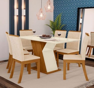 Conjunto Sala de Jantar Mesa 160cm Tampo MDF 6 Cadeiras Kesha Casa 812