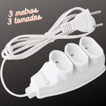 Extensão elétrica 10A Branca de 3 Tomadas Bipolar com cabo de 3m Multicraft, EXT3TBI3M