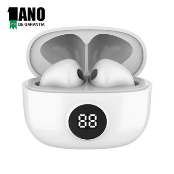 Fone de ouvido Bluetooth In-ear sem fio WB Mini IO TWS Branco com Display Digital, 20 horas de bateria, proteção IPX4, alta definição com Super Bass, Compacto e com controle sensível ao toque