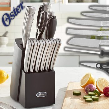 Jogo de facas Oster Wellisford de aço inoxidável de alto carbono, 14 peças, preto/prata