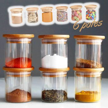 Kit 6 potes de vidro empilhável hermético tampa bambu 200ML
