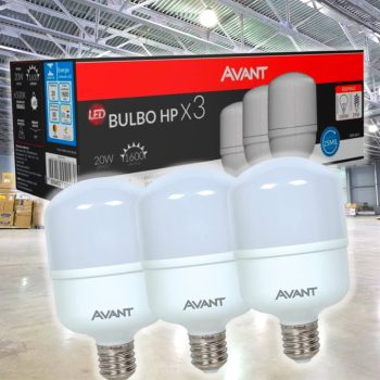 Kit Lâmpada Bulbo HP LED, 3 unidades, 20W, Luz branca 6500K, soquete E27, Bivolt, Avant