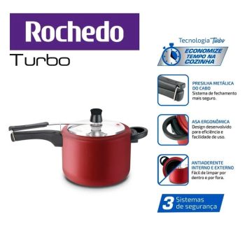 Panela de Pressão Rochedo Turbo Revestida Vermelha 4,5L Fechamento Interno
