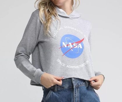 Blusa de Moletom Flanelada Cropped Fechada FiveBlu Nasa Cinza
