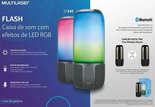 Caixa de Som Sem Fio Multilaser True Wireless Flash, 15W, LED RGB, Conexão Bluetooth 5.0/SD, com Microfone e Resistente à Água - SP349