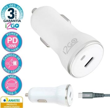 Carregador Veicular Ultra Rápido 20W Com 1 Saída USB-C Power Delivery I2GO - I2GO PRO Branco