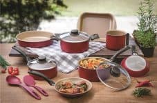 Conjunto de Panelas 10 Peças Tramontina Turim com Revestimento Antiaderente Starflon T1, Tampas de Vidro e Cabos de Baquelite - Vermelho