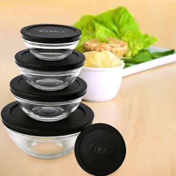 Euro Home VDR7090-PT - Conjunto com 5 potes de Vidro Redondos com Tampa Plástica, Preta
