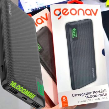 Geonav Carregador Portátil Universal 16.000mAh, 2 portas USB + 1 porta USB-C, Led Indicador de bateria, PB16KBK, Preto