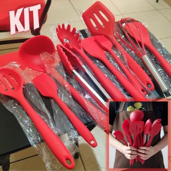 JG STORE Kit 10 Peças Jogo De Utensílios De Silicone Maciço Cozinha Inox Pegador Espátula Colher Concha Pincel