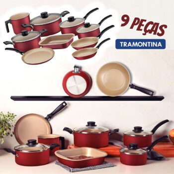 Jogo de Panelas Tramontina Turim Antiaderente 9 Peças - Vermelho