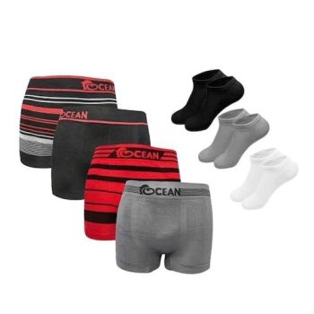 Kit 5 Cuecas Boxer Microfibra + 3 Pares de Meias M4 SORT