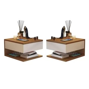Kit com 2 MESA DE CABECEIRA SUSPENSA DECOR Freijó com Off White - CNM Móveis