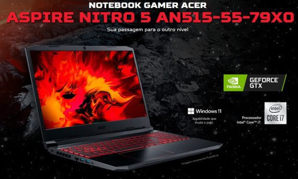 Notebook Acer Nitro 5, Intel Core i7 10750H, 8GB, 512GB SSD, NVIDIA GTX1650, Preto e Vermelho - AN515-55-79X0