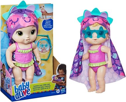 Baby Alive Bebê Dia de Sol Loira - Boneca de 25 cm, com Acessórios para Brincar na Água - F2568 - Hasbro, Rosa, amarelo, verde, roxo e azul