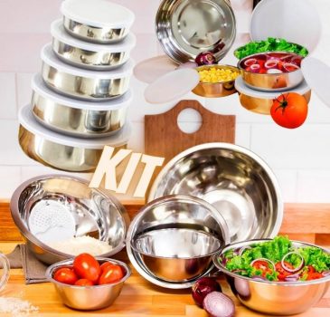 Conjunto de Tigelas + Potes + Escorredor de Arroz Inox 11 peças - La Cuisine