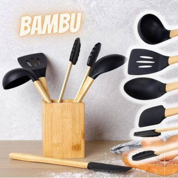 Conjunto de Utensílios com 5 peças + Suporte - La Cuisine Linha Bambu