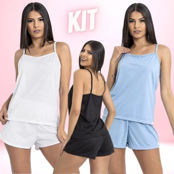Kit 3 Conjuntos Pijama Feminino Curto Baby Doll Fresquinho