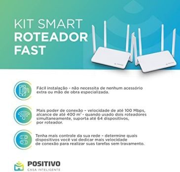 Kit Smart Roteador Mesh Fast Ethernet Positivo Casa Inteligente Cobertura Ate 400m² Beamforming Suporta Ate 128 Dispositivos Sem Pontos Cegos Bivolt