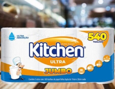 Papel Toalha Kitchen Jumbo Folha Dupla - Pack com 3 rolos de 180 unidades de 19x20 cm cada