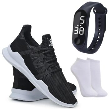 Tênis Caminhada Corrida Leve Macio Confortável Fitness Academia + Meia + Relógio