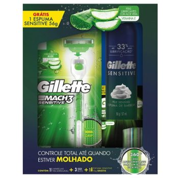 Aparelho de Barbear Mach3 Sensitive 1 Unidade + Refis Para Barbear Mach3 Sensitive 3 Unidades + Espuma de Barbear Sensitive 56G, Gillette