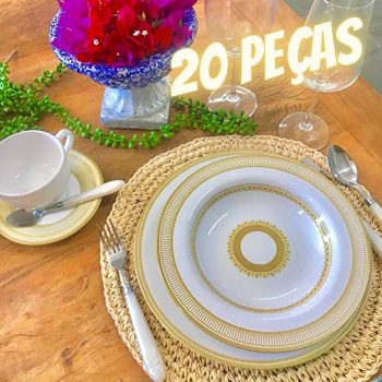 Aparelho de Jantar Alleanza 20 Peças Plissan Rendado Dourado, Padrão