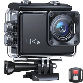 Câmera de ação 4K Câmera à prova d'água Subaquática de 20MP com EIS, Câmera Esportiva Grande Angular de 160° com Acessórios Compatíveis com Gopro, 2 Baterias