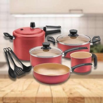 Conjunto de Panelas e Utensílios 8 Peças Panelux Magnific com Panela de Pressão em Alumínio com Revestimento Antiaderente – Cereja
