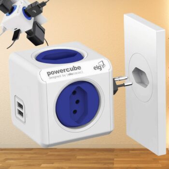 ELG, PWC-R4U, PowerCube USB, Filtro de Linha, Multiplicador 4 Tomadas Bivolt com 2 Portas USB 2.4A, Disjuntor Integrado de 10A, Branco e Azul