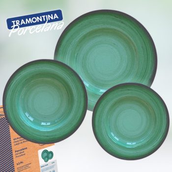 Jogo de Pratos Porcelana Decorada Tramontina Rustico Verde 12 Peças