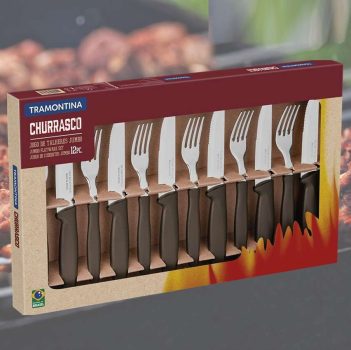 kit de Talheres para churrasco Jumbo Tramontina 12 peças Conjunto de Churrasco natural cabo preto jogo de talheres, Plenus