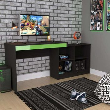 Mesa Escrivaninha Gamer com 4 Nichos B24 - Preto/Verde