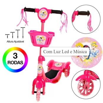 Patinete Infantil Musical com Cesta Unicórnio Luz de Led e 3 Rodas Rosa - brink+