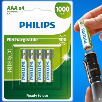 Pilha recarregável AAA 1.2V 1.000mAh, PHILIPS, padrão, R03B4RTU10/59