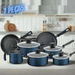 Conjunto de Panelas 7 Peças Tramontina Bergamo com Revestimento Antiaderente Starflon T1, Tampas de Vidro Temperado e Cabos de Baquelite - Azul