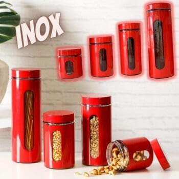 Porta Mantimentos em Aço Inox e vidro 4 Peças Vermelho - Basic+