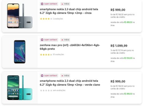 Seleção de smartphones com 50% de CASHBACK