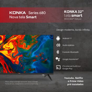 Smart TV Konka LED 32" Design sem bordas, comando por voz, Google Assistant e Android TV com Bluetooth KDG32