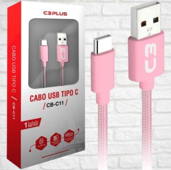 Cabo USB-USB C C3PLUS CB-C11PK 1M Rosa - Compatível com Android USB-C Corrente 2A