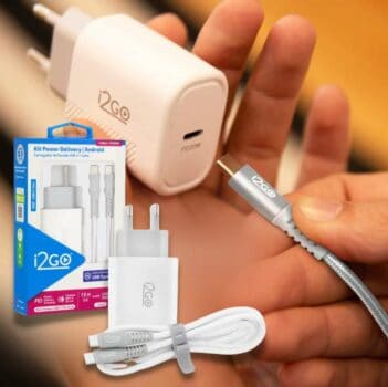 Kit Carregador de Parede Ultra Rápido com 1 Saída USB-C Power Delivery 20W + Cabo USB-C + USB-C I2GO 1,5m 3A Branco