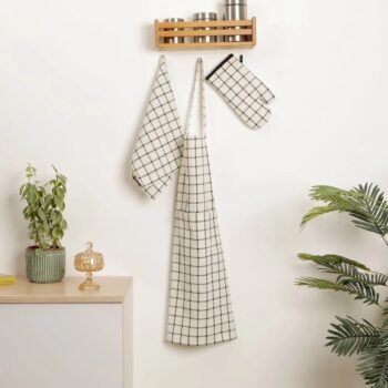 Kit Cozinha com 1 Avental 1 Luva e 1 Pano de Prato Grid Branco e Preto - Casa e Conforto