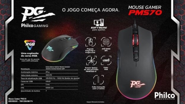 Mouse Gamer Philco PMS70 RGB 5000DPI 7 Botões - Preto