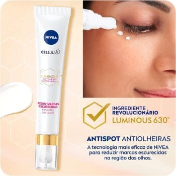 NIVEA Antiolheiras Luminous 630 - Reduz as Marcas Escurecidas - Uniformizador facial para área dos olhos com cafeína energizadora que reduz as bolsas e ácido hialurônico que auxilia a diminuir linhas finas - 15ml