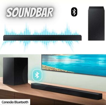 Soundbar Samsung HW-A455 com 2.1 Canais Potência de 300W RMS Bluetooth e Subwoofer sem Fio