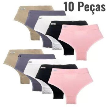 Kit 10 Calcinhas Cós Alto Microfibra Adulto Luxo