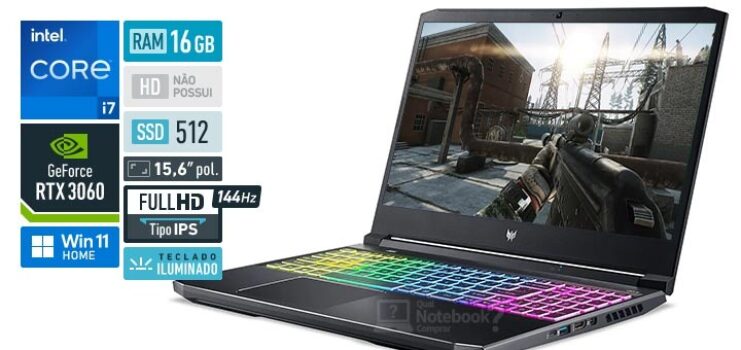 Notebook Gamer Predator Helios 300 Ph315-54-7852 I7 11ª Windows 11 Home 16gb 512gb Ssd Rtx 3060 15,6