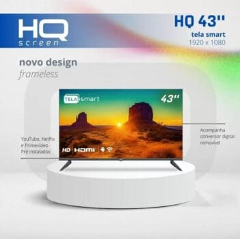 Smart TV 43 HQ Full HD HDR tela sem bordas Android 11 design Slim Processador Quad Core Espelhamento de tela