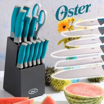 Conjunto de talheres de aço inoxidável Lindbergh Oster com 14 peças, bloco preto, alças azul-petróleo